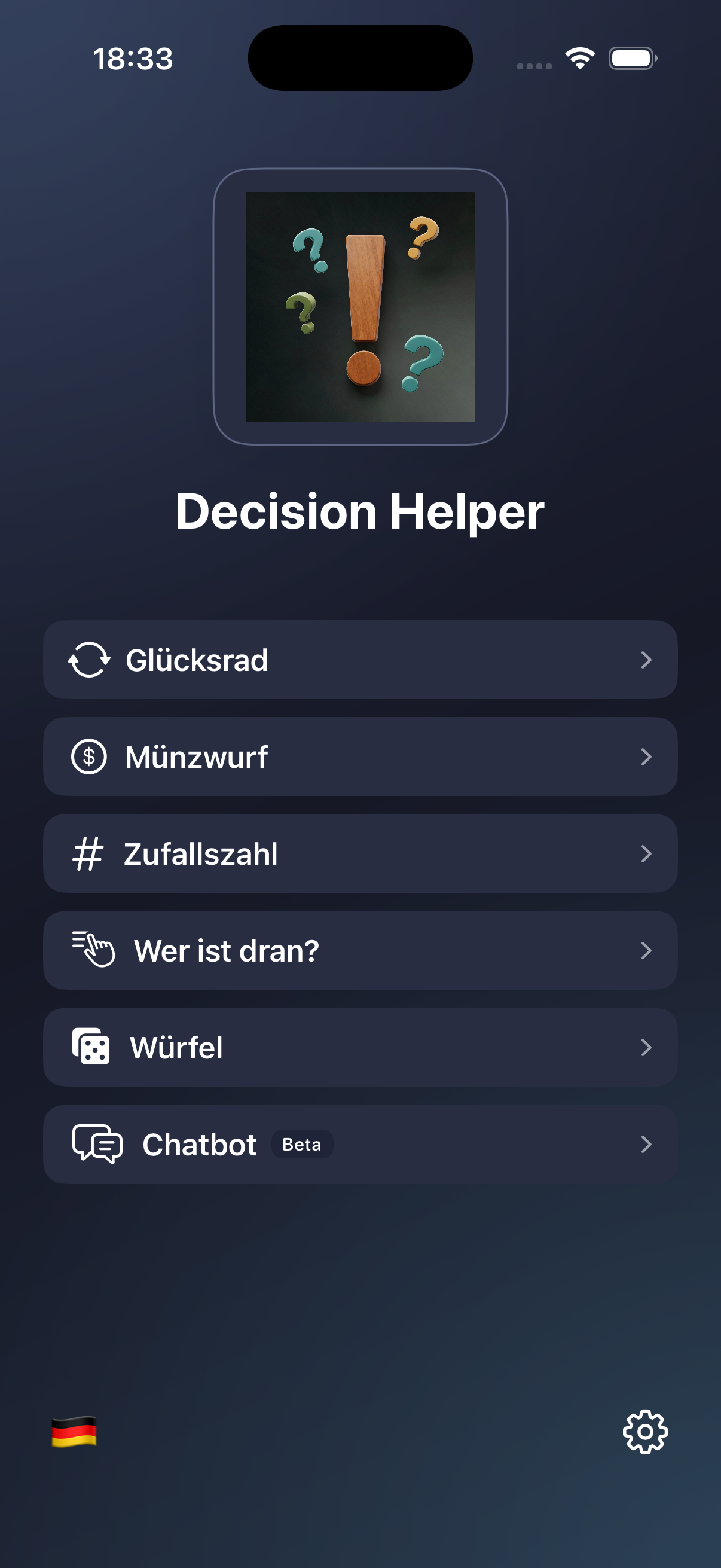 Startseite von Decision Helper in der dunklen Variante