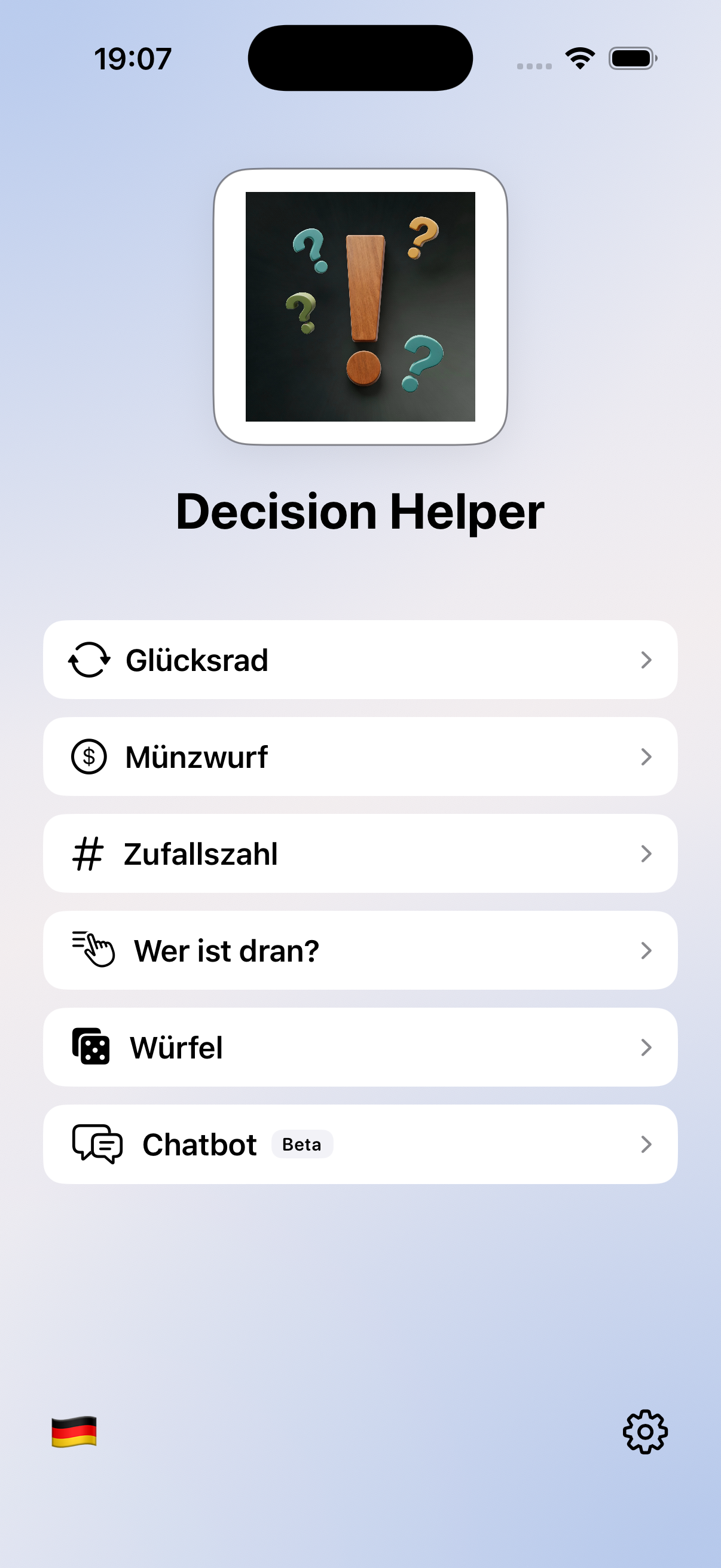 Startseite von Decision Helper in der hellen Variante